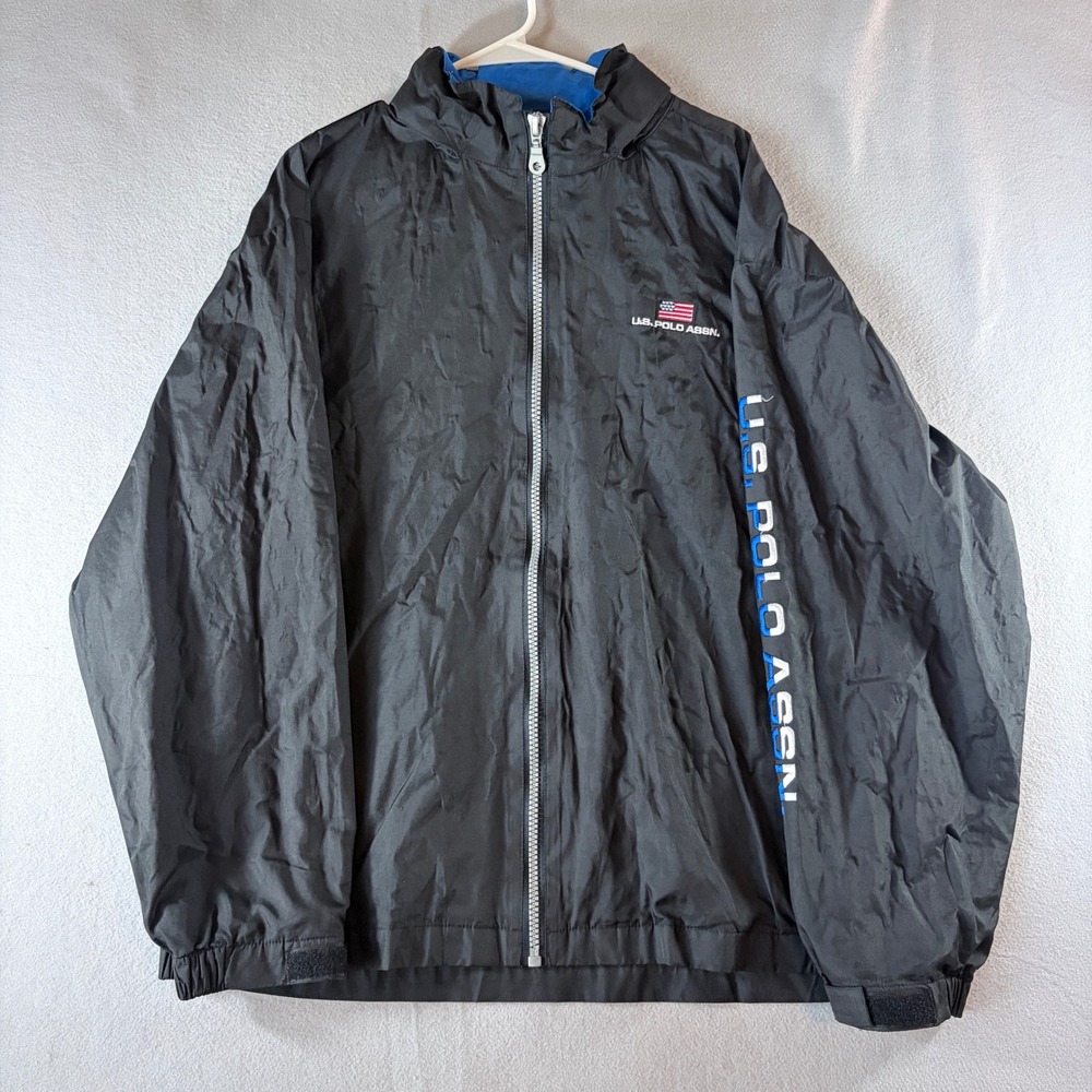 US Polo Assn Mens 2XL Black Blue Windbreaker Hooded Jacket Full Zip USPA